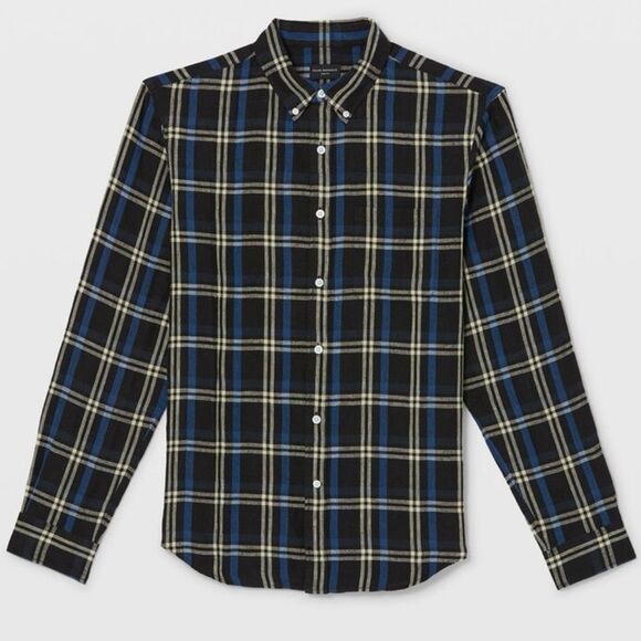 Club Monaco Black Multi Long Sleeve Plaid 100% Linen Button Up Shirt Mens Medium - Picture 1 of 14